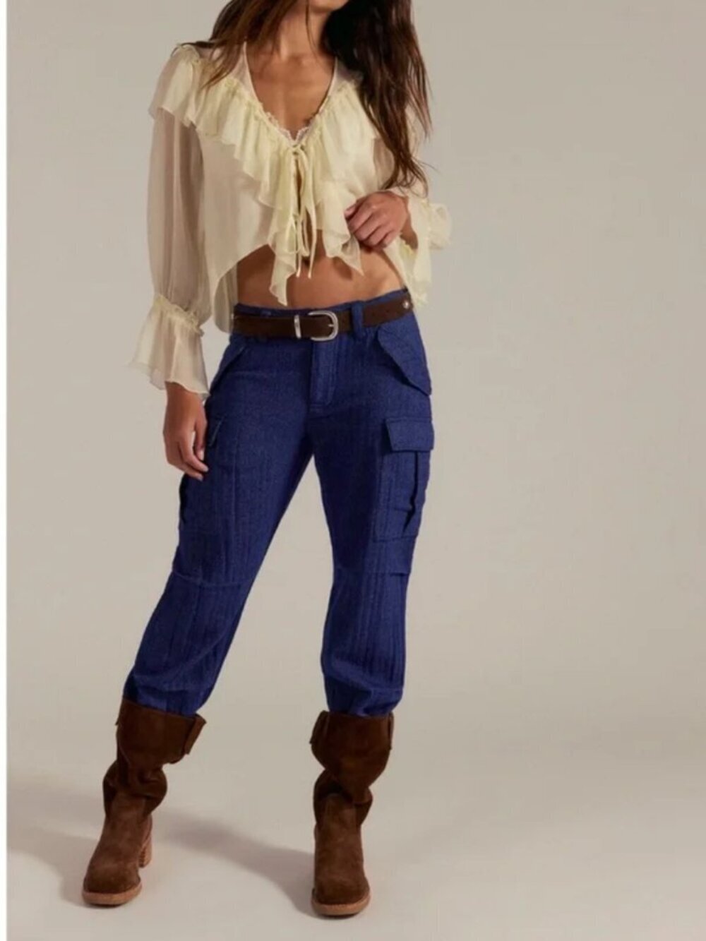NWT Free People Last Catch Check Pants in Navy Combo